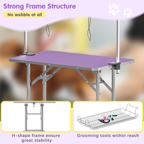 Image of Lyromix 36'' Stainless Steel Pet Dog Grooming Table, Arm /Noose /Tray, Purple