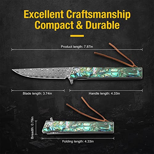 Augenweide Damascus Steel Pocket Knife, Abalone Handle, Damascus Knife With For Men, Great As Father's Valentine's Day Christmas Day Gift (A-Knife With Sheath) #TOP6