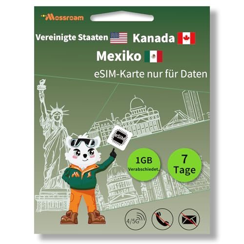 Prepaid-eSIM-Karte für Kanada, Mexiko und die USA, QR-Code, 1 GB 4/5G, tägliches LTE-Highspeed-Datenvolumen für 7 Tage mit Hotspot