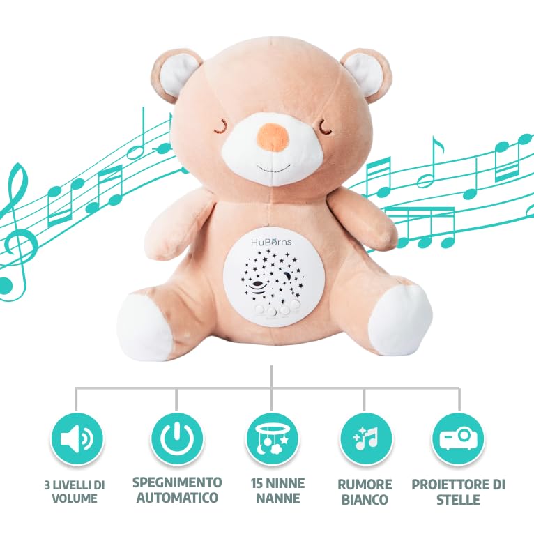 HuBorns - Peluche Musicale per Neonati con Rumori Bianchi, Proiettore Bambini con Luce Notturna per la Nanna, Modalità Rumore Bianco e 15 Canzoni Carillon, Ideale Regalo Neonato (Orso)