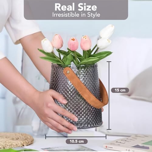 Image of Nostrae by Ekhasa Glass Vase Flower Pot with Leather Handle for Home Decoration | Center Table Decorative Items | Thickened Transparent Glass Vases for Flowers, Bookshelf, Office Desk & Premium Gift