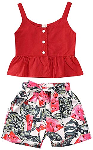 Kids Baby Girls Outfits Floral Ruffle Off Shoulder Crop Tops + Bowknot Denim Shorts Skirt Set Toddler Summer Clothes (Red Watermelon, 3-4 Years)