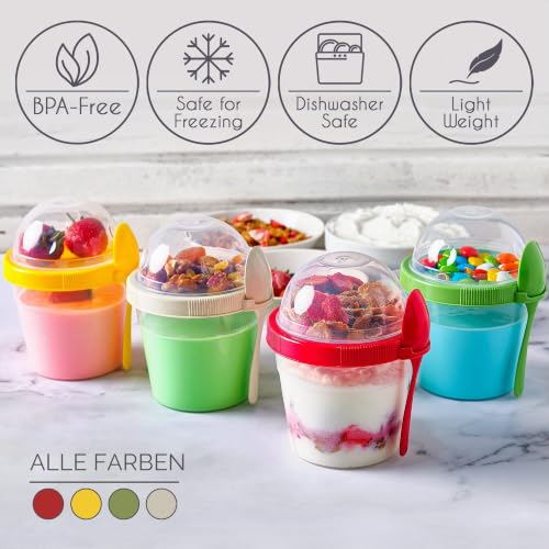Foto von CRYSTALIA Joghurt Becher to Go mit Deckel Set 4 500ml 100% BPA FREI Müslibecher to Go, Porridge To Go, zum Frühstück, Obstbehälter Müslidosen Yoghurt to Go Becher mit Löffel
