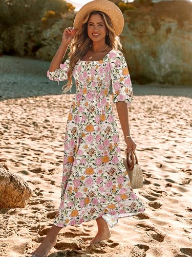 Women Boho Maxi Dresses Summer 2025 Puff Sleeve Square Neck Smocked Aline Casual Ruffle Tiered Flowy Beach Long Dress Pocket3