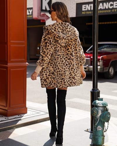 LookbookStore Womens Cardigan 2026 Winter Oversized Open Front Fleece Hooded Draped Pockets Jacket Coats Leopard X-Small
