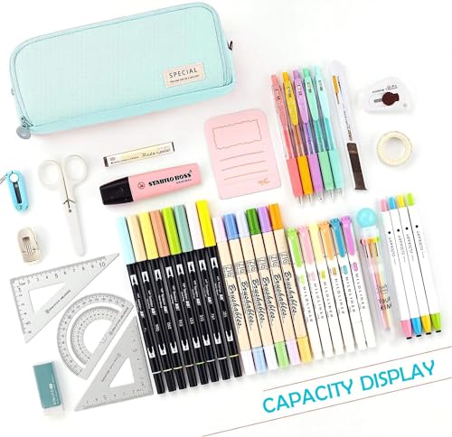 Image of Canvas School Bag Pencil Case, 3 Layer 6 Compartment Large Capacity, Aesthetic Pencil Pouch for Stationary, Cute Stationery for Kids, Pencil Case for Girls & Boys (Special Sky Blue)