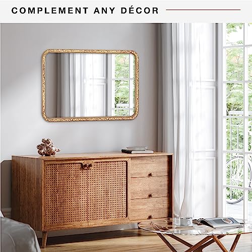 Image of MCS 24x36 Large Wall Mirror, Natural Woodgrain Solid Wood Frame with Braided Seagrass Detail, Vertical & Horizontal Coastal Mirror for Bathroom, Bedroom & Livingroom