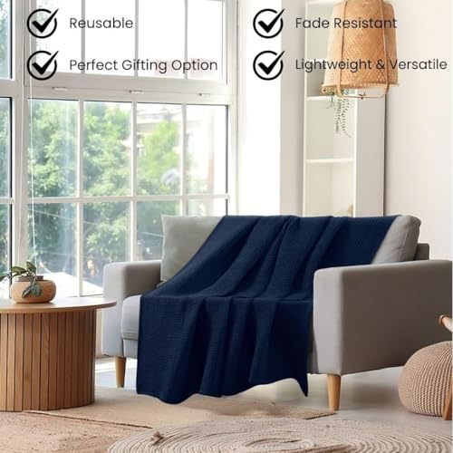 Image of 100% Combed Cotton Waffle Blanket for Bed,Sofa,Couch,| Navy Blue |Twin -60X90 INCHES -Lightweight and Breathable Soft Woven AC Blankets,Throw for Summer, Spring, Winter, All Season