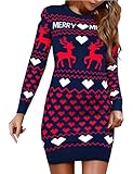 Uniexcosm Abito Natalizio Donna con Stampa Renna Vestito in Maglia Invernale Sexy Blu Navy L