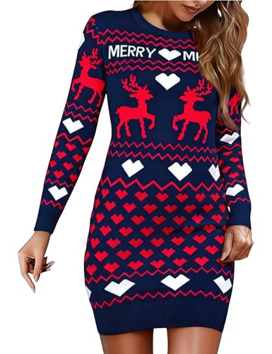 Uniexcosm Strickkleid Damen Weihnachten Modischer Strickpullover Langarm Rundhals Weihnachts Pulloverkleid mit Rentier Minikleid Weihnachtskleid für...