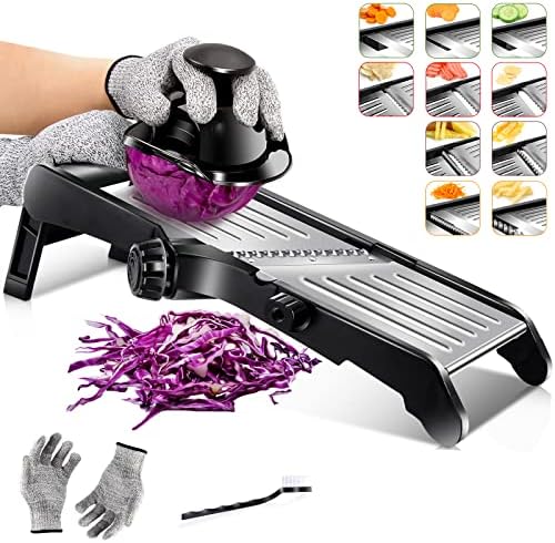 HEVOL Professional Mandoline Slicer for Kitchen, 10 in 1 Adjustable Mandoline Slicer with Food Holder, Vegetable Slicer Potato Slicer for Fruits, Onion, Cheese, Includes Brush & Protective Gloves
