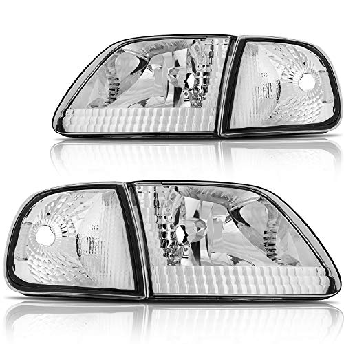 LSAILON For Ford Headlight Assembly Replacement Fit 1997-2002 For Ford For Expedition,1997-2003 For F-150,2004 For F-150 Heritage,1997-1999 For F-250 Chrome Housing Clear Reflector Clear Lens