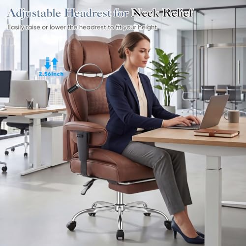 Image of DUMOS Big and Tall Home Office Desk Chair, Ergonomic Executive Chair with Footrest, Computer Gaming Chairs with High Back Reclining, Adjustable Armrests and Comfy Lumbar Support, PU Leather, Brown
