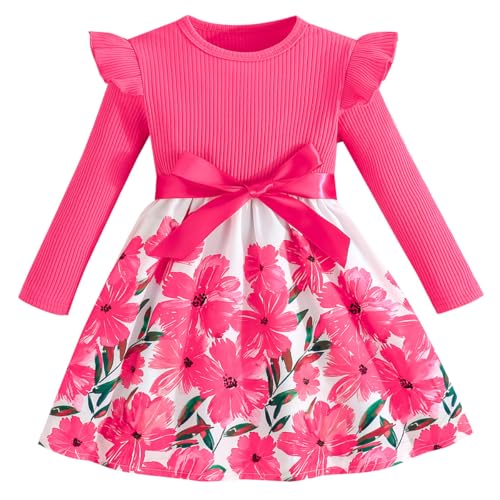 Pilipulu Girls Long Sleeve Dresses Bow Dress A-line Floral Casual Party Dress Knee Length Dressy Dresses Ruffle Detail Round Neck Pink 1 5 Years