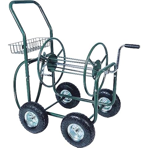 KARMAS PRODUCT Garden Hose Reel Cart 4 Wheels Portable with Storage Basket Rust Resistant Heavy Duty Water Hose Holder Cover