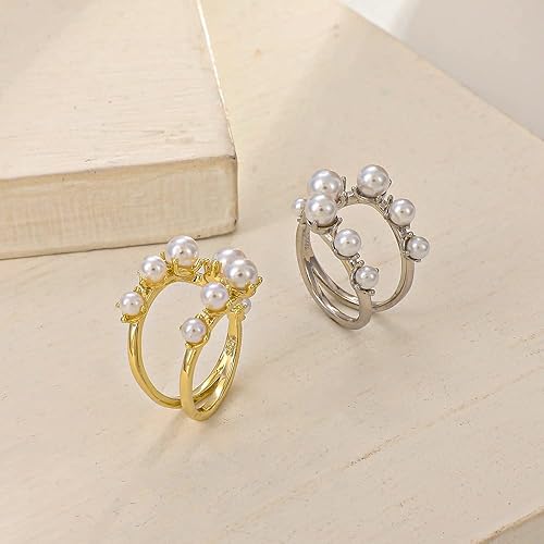 Miniatura 4 de Handmade Pearl Ring Stacking Pearl Statement Rings Adjustable Open Pearl Full Finger Ring Trendy Personality Pearl Cluster Jewelry for Women Girls