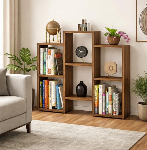 Image of Enigmatic Woodworks Wooden Bookshelf 6-Tier, Large Open Bookcase Storage Rack Organizer for Home, Living Room & Study, DIY Assembly,Walnut Suede Finish, 24 x 90 x 90 cm