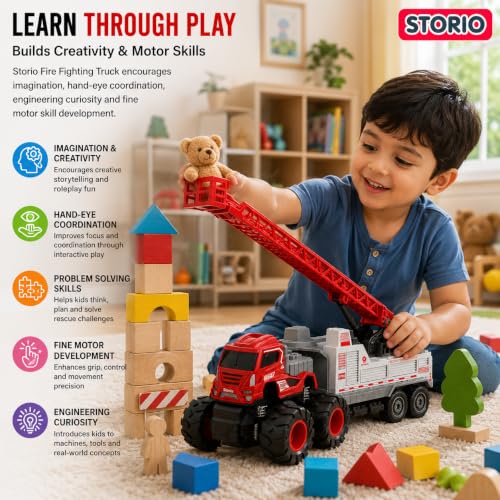 Image of Storio 1:43 4WD Fire Fighting Truck Toy | Friction Powered Engineering Vehicle for Kids | Miniature Fire Truck with Movable Ladder, Crane & Monster Wheels | Durable Car Toy