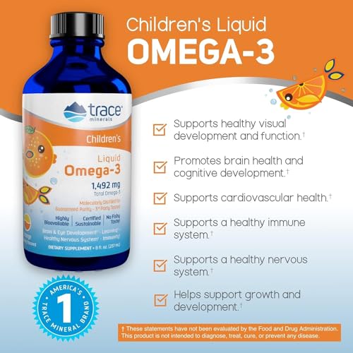 Trace Minerals Children\'s Omega-3 - Liquid Supplement Supports Nervous & Immune System Function - Health Supplement for Children - EPA & DHA Supports Brain & Eye Development - Orange, 8 fl oz