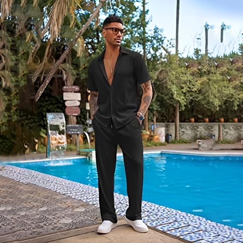 Men's Casual Outfits Button Down Short Sleeve Shirt & Elastic Waist Pants 2pcs Loose Set3