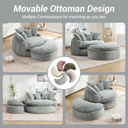 Image of 54 inch Round Chaise Lounge with Ottoman Big Bean Bag Round Sofa Bed Oversized Round Couch Boneless Reading Chair Comfy Plush Chenille Large Chaise Chair for Living Room, Apartment, Blue Gray