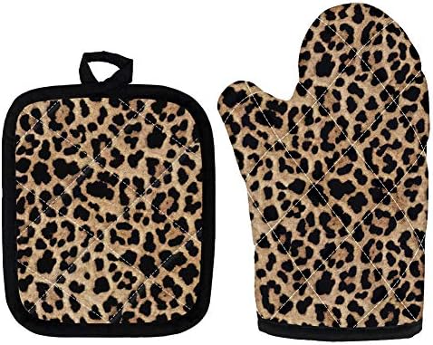 JOAIFO Black Brown Leopard Print Insulated Gloves and Kitchen Counter Protect Potholder Mats Washable Non Slip Heat Resistant African Wild Cheetah Design