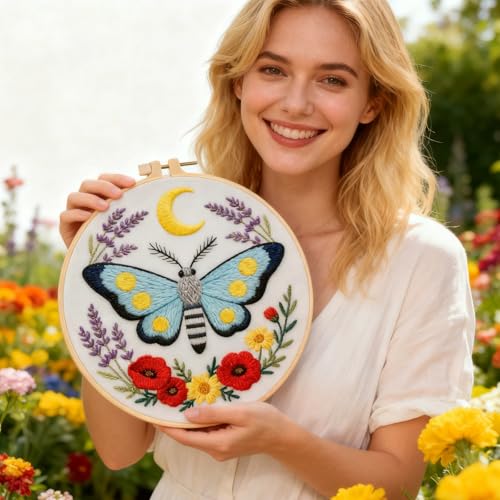 Image of BEUNITONE 6 Set Moth Embroidery Kit for Adults Beginners, DIY Needlepoint Craft Kits with Instructions and Hoops, Complete Starter Set for Adults, Handmade Embroidery for Gifts and Home Decor 20x20cm