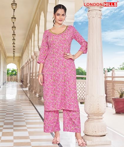 Image of London Hills Women Printed Kurta with Pant Salwar Suit Set || Plazo Kurti Cotton Set