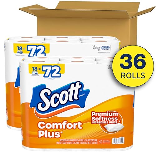 Image of Scott ComfortPlus Toilet Paper, 2 Packs of 18 Mega Rolls, 310 Sheets per Roll, Septic-Safe, 1-Ply Toilet Tissue