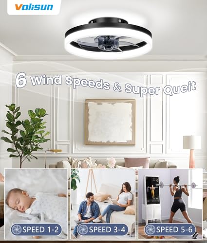 Image of VOLISUN 13 inch Small Ceiling Fans with Lights and Remote, Low Profile Ceiling Fans with Light, 3000K-6500K Dimmable LED Ceiling Light Flush Mount, Bladeless Fandelier Ceiling Fan (Black)