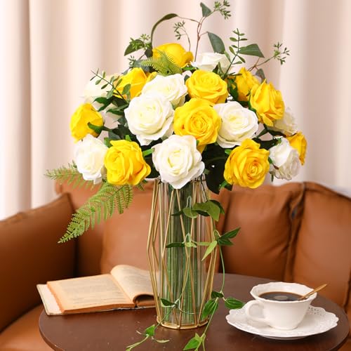 JUSTOYOU 20 PCS Rose Artificial Flower,Double Colour Silk Blooming Rose with Stem,Artificial Rose Bouquet Realistic Flower for Home Table Office Party Wedding Garden Arrangements(yellow and white) - Image 3