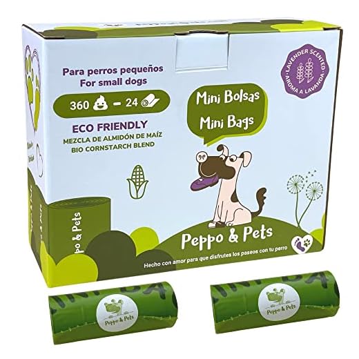 Peppo and Pets- 360 MINI Bolsas caca PERRO TAMAÑO PEQUEÑO -(24 rollos) - Mezcla de almidón de maiz- Muy resistentes - Olor a lavanda- Opacas- A prueba de fugas