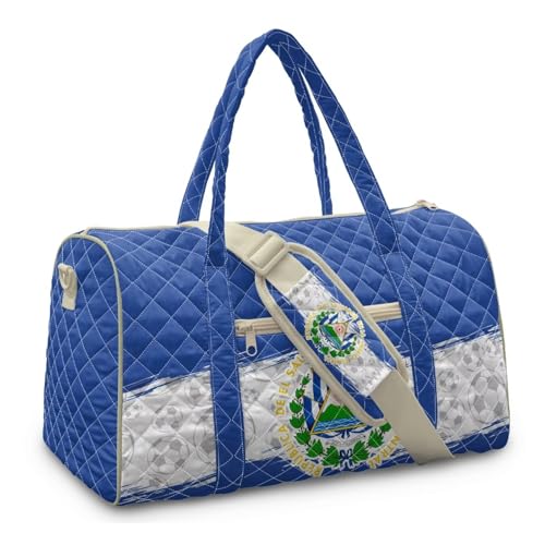 Youngerbaby El Salvador Flag Soccer Quilted Weekender Bags for Men & Women Large Quilted Duffle Bag, Quilted Weekender Duffle Bags with Trolley Sleeve, Soccer Fan Travel Duffle Bags for Match Day