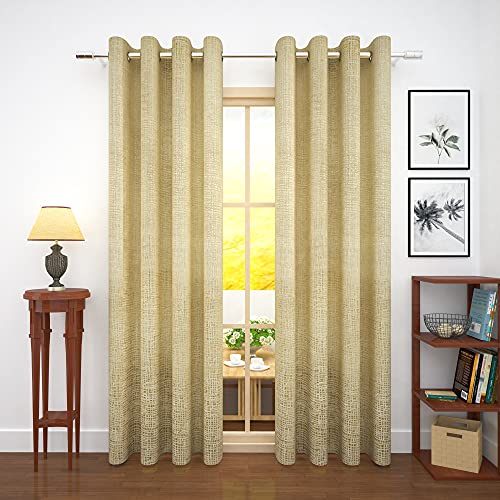 Image of Story@Home Bloom Collection Jacquard Checks Pattern Ring top Eyelet 2 Piece Door Curtain - 7 Feet, Beige