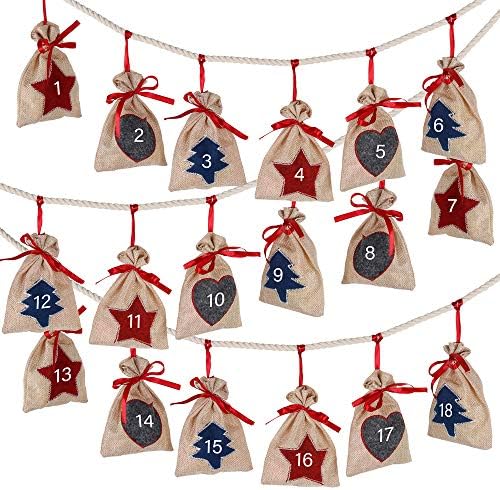 D-FantiX Christmas Advent Calendar 2022, 24 Days Burlap Hanging Advent Calendars Garland Candy Gift Bags Sacks DIY Xmas Countdown Christmas Decorations for Wall Home Office