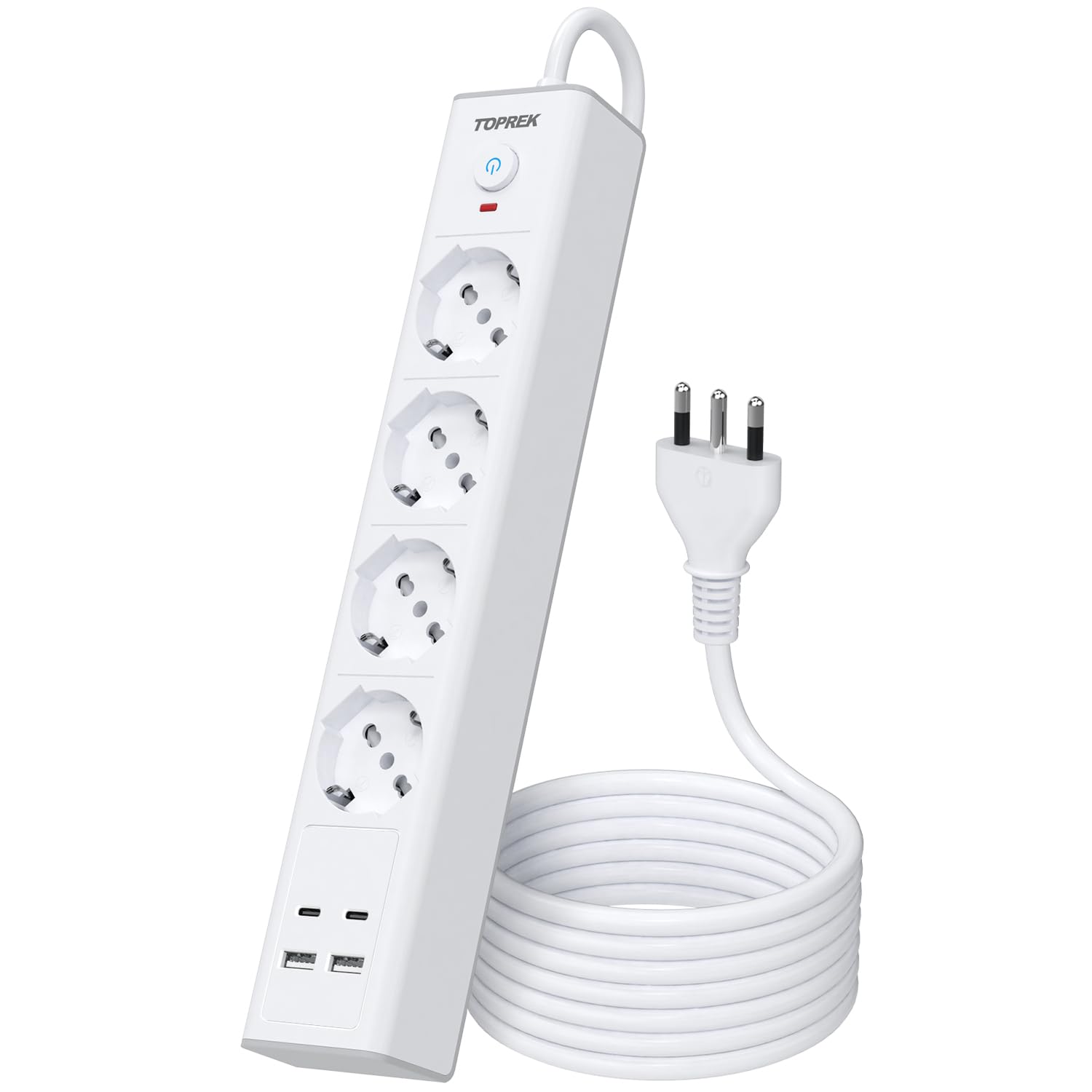 TOPREK Regleta Eléctrica con 4 Tomas Universales ITA 10/16A y Schuko y 2 USB C y 2 USB A, Enchufe Italiano 4000W/16A, Regleta con Interruptor, Cable de 2M (Equipada con 2 Abrazaderas de Plástico)