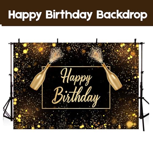 Image of 1 pc Happy Birthday Black Gold Backdrop (7ft X 5ft) Cloth Curtain Decoration for Kids and Adults (Pack of 1)