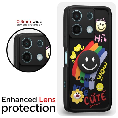 Image of Pikkme Back Cover for Redmi Note 13 5G | Soft Silicone| Cute Rainbow Smile & 3D Cartoon Flower Design | Shockproof Raised Camera Protection Bumper Case (Black)