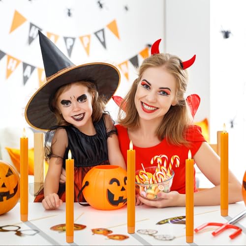 Image of Orange Flameless Taper Candles with Remote and Timer, 9.65 inch Real Wax LED Candlesticks, Battery Operated Autumn Candles with 3D Flickering Flame, Thanksgiving & Halloween Table Decor, 3 Pack