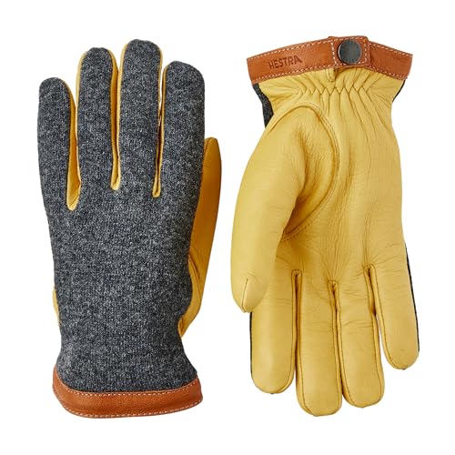 Hestra Men’s Deerskin Wool Tricot Gloves, Leather & Wool Gloves with Merino Wool Lined for Everyday Wear in Cold Weather - Charcoal/Natural Yellow - 10