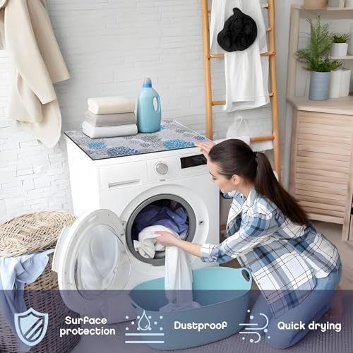Image of Teenyyou 1 Pcs 26 inch x 18 inch Dryer Top Protector Mat, Washer and Dryer Topper, Non Slip Waterproof Machine Cover Dust Proof Quick Drying Topper Pad for Laundry and Kitchen (Bloom Blue)