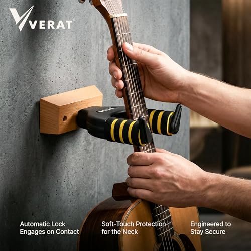 Image of VERAT Guitar Wall Mount Hanger Universal Guitar Wall Mount Hanger with Wooden Base | Foam-Padded Arms for Acoustic & Electric Guitar Wooden Base Guitar Wall Hook