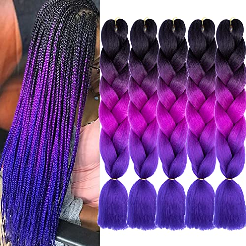MayShow Braiding Hair Extensions for Women 24 Inch 5 Pcs/Lot Ombre Jumbo Braids Hair High Temperature Braids for Twist Crochet Braiding Hair (Black-Purple red-Blue)
