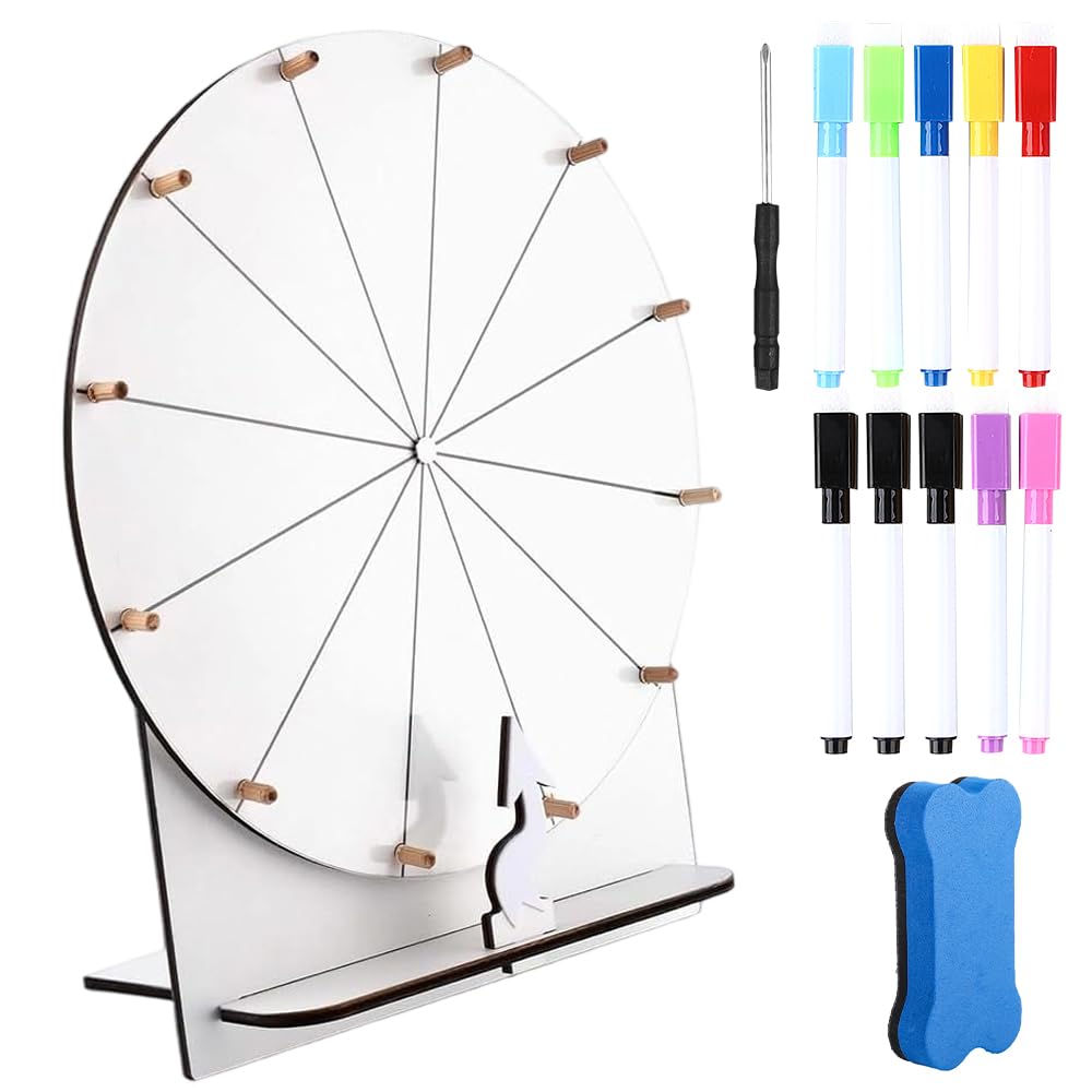 Glücksrad zum Drehen, 29cm Hölzernes Glücksrad, Großes Glücksrad Set mit Radiergummi und Markierstift, Glücksrad zum Selbstgestalten, Drehrad Glücksrad für Lotteriespiele Wortspiele (Weiß)