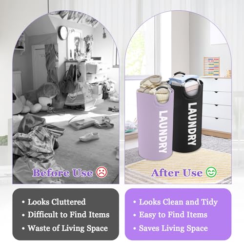 Image of Set of 2 Collapsible Laundry Baskets with Aluminum Handles, 95L Large Laundry Baskets in 600D Oxford Fabric, Portable Dirty Clothes Hampers for Bedroom, Travel, Black + Purple
