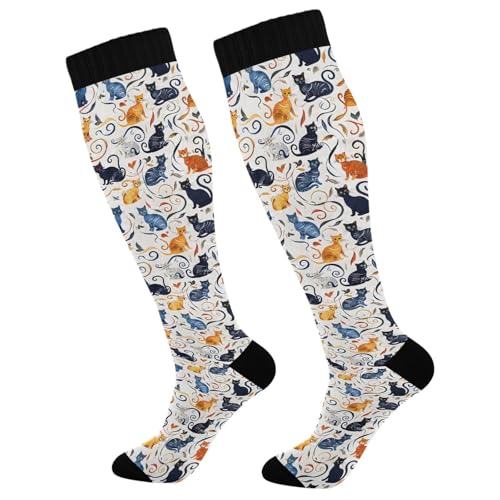 ALAZA Cat Kitten White Floral Compression Socks for Women Men Circulation Long Socks Running Athletic Cycling 1 pair