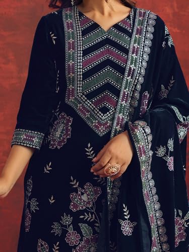 Image of INDO ERA Women's Velvet Floral Embroidered Straight Kurta & Pant with Dupatta Set (IESTR12390)