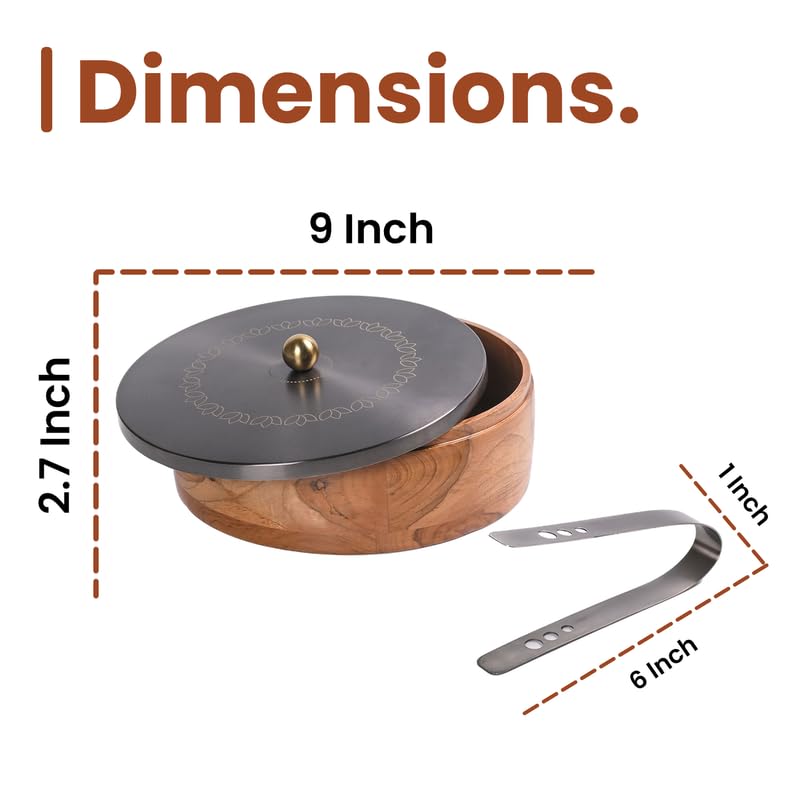 Image of Wooden Chapati Box for Kitchen - Casserole for Roti with Stainless Steel Brass Lid | Wooden Chapati Box with 1 Tong | Traditional Kitchen Organizer - GunMetal (Lotus Bloom Laser Etching)