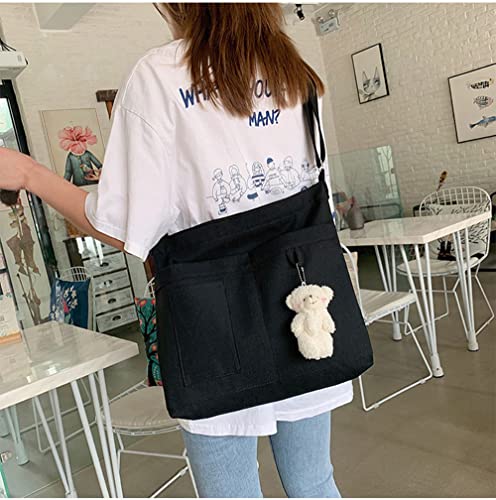 Image of Cotton Tote Handbag Women Canvas Crossbody Beach Bag Hobo Shoulder Tote Bag with 3 External Pocket,Zipper Closure
