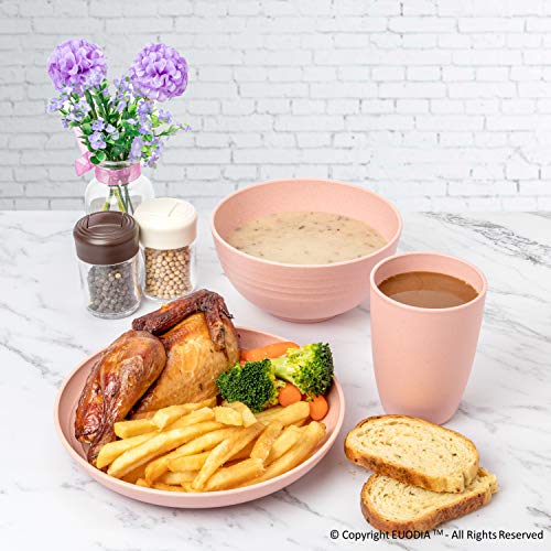 Euodia Wheat Straw Plastic Dinnerware Sets For 4 (Dinner Plates, Bowls & Cups) -Dishwasher & Microwave Safe – Unbreakable Reusable Lightweight Eco Friendly & Bpa Free - Kids Toddlers Elderly Adults #TOP4
